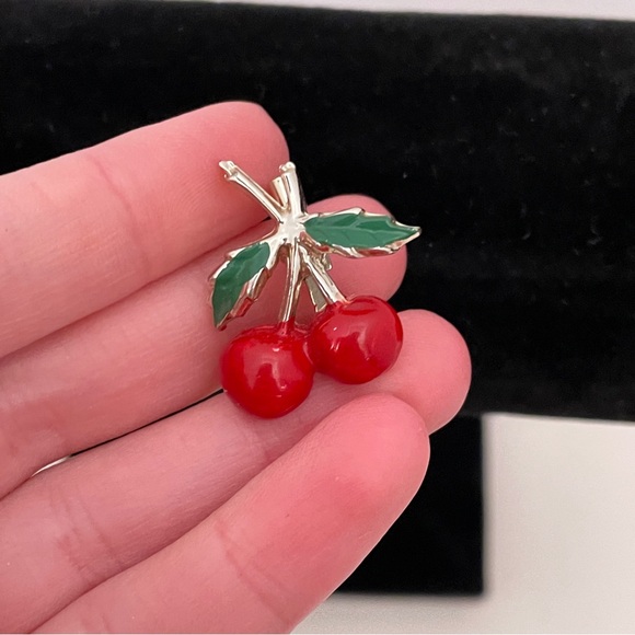 Vintage Silver Tone Red Enamel Cherry Coquette Girl Ballet Dainty Pin / Brooch - Picture 2 of 9